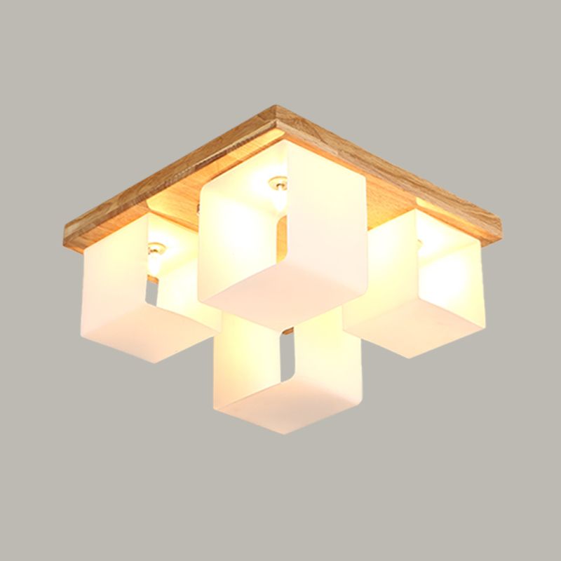 Cube Frame Flush Mount Fixture Japanese White Glass 4-Head Wood LED Flush Ceiling Lighting