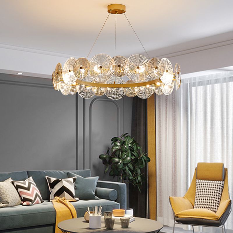 Gold Circle Chandelier Modern Multi Light Hanging Light with Glass for Bedroom