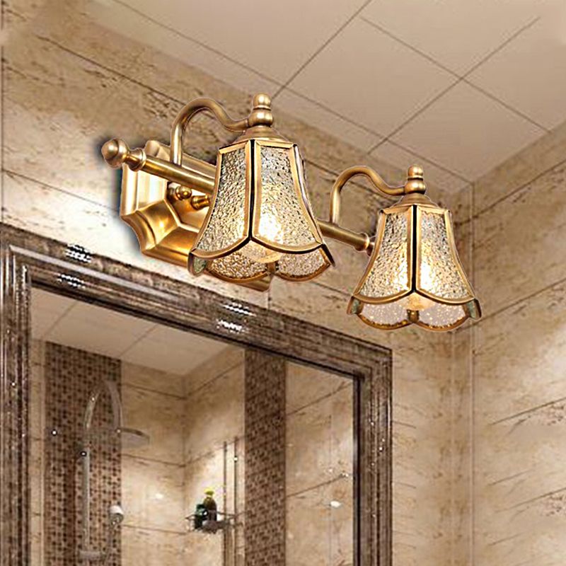 Traditional Trumpet Vanity Sconce Textured Glass 2/3 Bulbs Wall Mounted Light Fixture in Brass