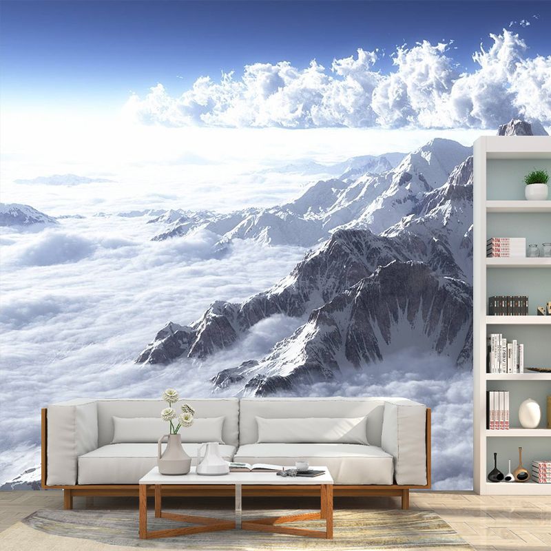 Mountain and Cloud Sea Mural Modern Non-Woven Fabric Wall Decor in White for Home