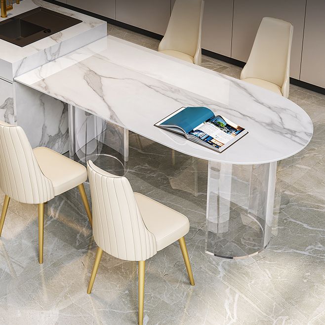 Sintered Stone Top Dining Table Modern White Table with Acrylic Double Pedestal