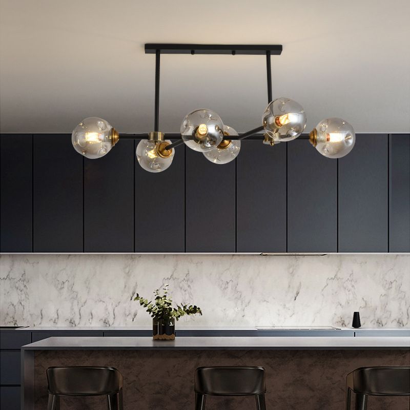 Luce di isola a 6 luci nere in moderno stile a sospensione in ferro battuto in stile creativo con tonalità di vetro