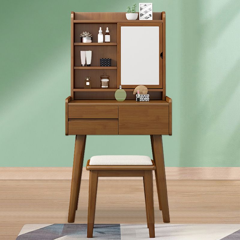 Solid Wood Vanity Table Set 3-Drawer Makeup Vanity Table with Mirror and Stool
