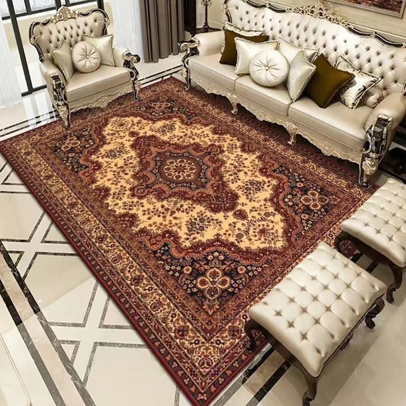 Retro Moroccan Print Area Carpet Red Tone Polyester Rug Washable Carpet for Home Decoration