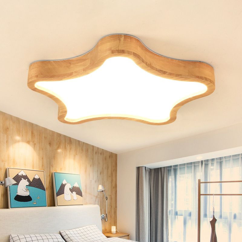 Minimalist Cloud/Star Ceiling Lighting Wooden Childrens Bedroom LED Flush Mount Lamp in Beige, 21"/25"/29.5" Width