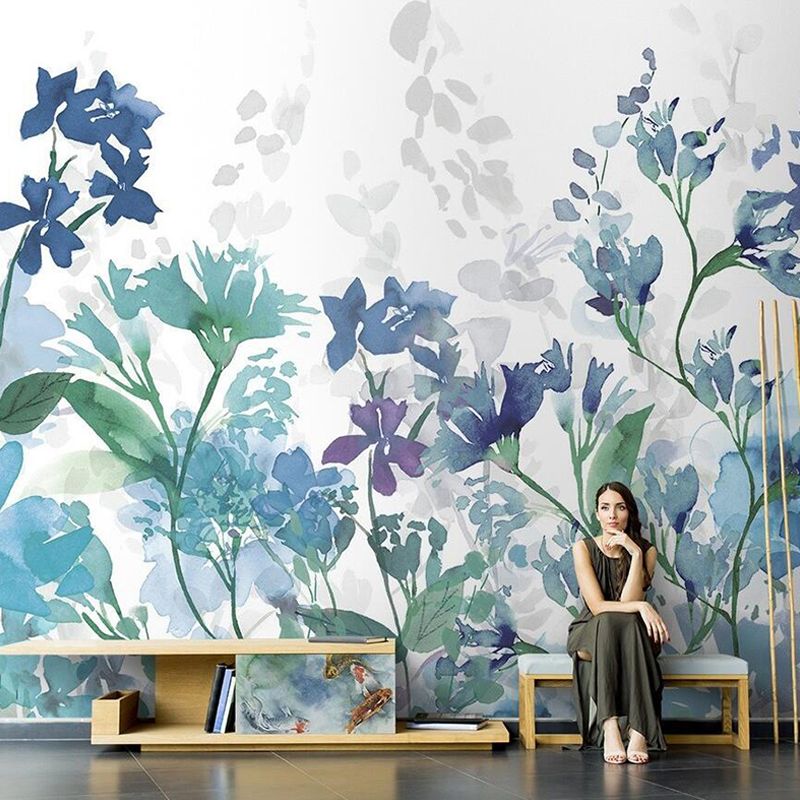 Watercolors of Blossom Mural Wallpaper in Purple and Blue, Contemporary Wall Art for Guest Room