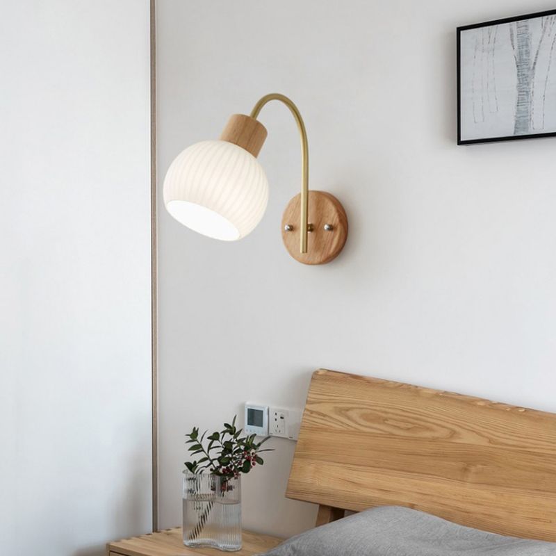 Nordic Wooden Wall Light Fixture Simple Glass Shade Wall Light Sconce for Bedroom