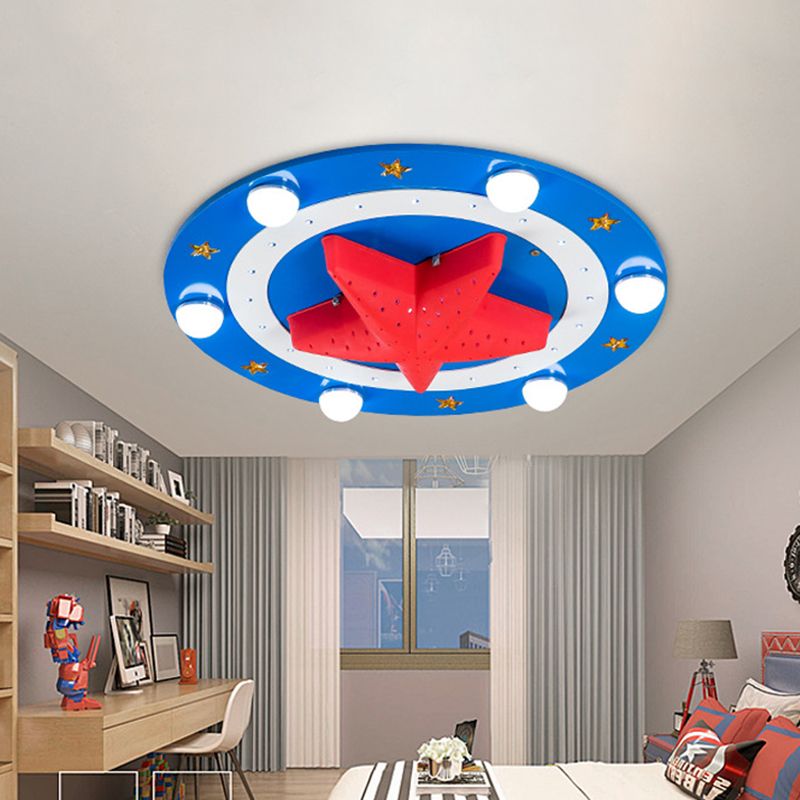 Wood Round Flush Mount Lamp Kids 6-Head Blue Ceiling Flushmount Fixture with Red Starfish Shade