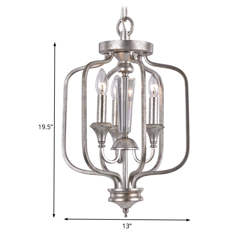 Traditional Candle Hanging Chandelier Metal 3 Bulbs Suspension Light in Aged Silver for Dining Room