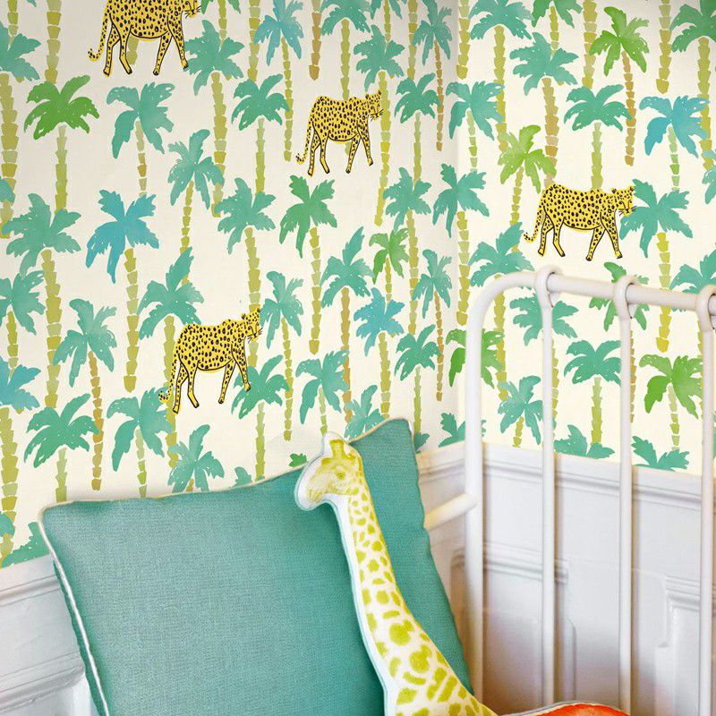 Yellow-Blue Tropical Mural Wallpaper Large Jungle Leopard Printed Wall Decor for Home