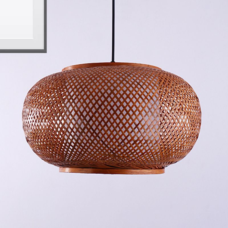 Curved Drum Suspension Pendant Asian Bamboo 1 Bulb Brown Hanging Light Kit, 16"/19.5"/23.5" Wide