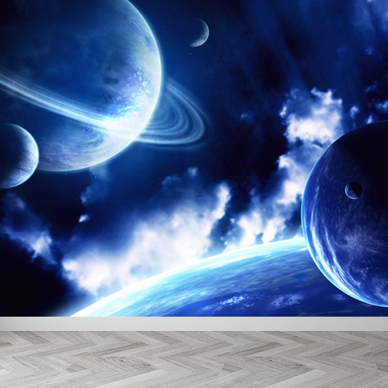 Amazing Planet Scene Mural Decal Blue Contemporary Wall Covering for Living Room