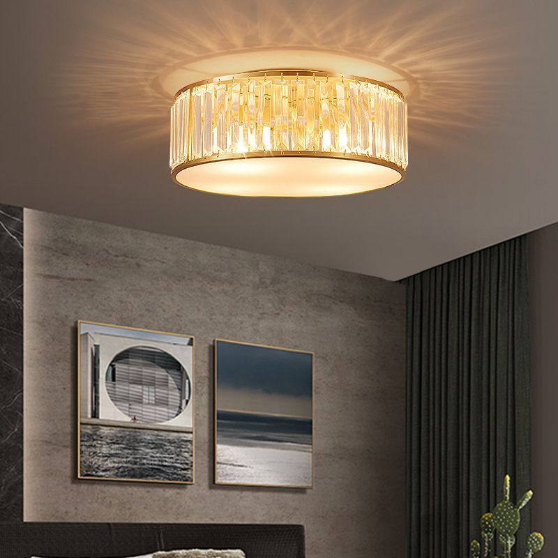 Brass Geometric Flush Mount in Colonical Retro Style Copper Indoor Ceiling Light with Crystal Shade