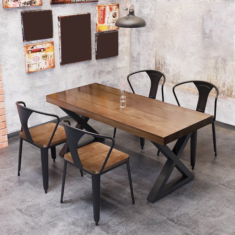 Industrial Style Dining Table Solid Wood Rectangle Table with Metal Base