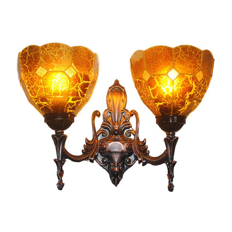 Stained Glass Domed Shade Wall Mounted Lighting Baroque 2 Lights Blue/Gold/Tan Sconce Light for Bedroom