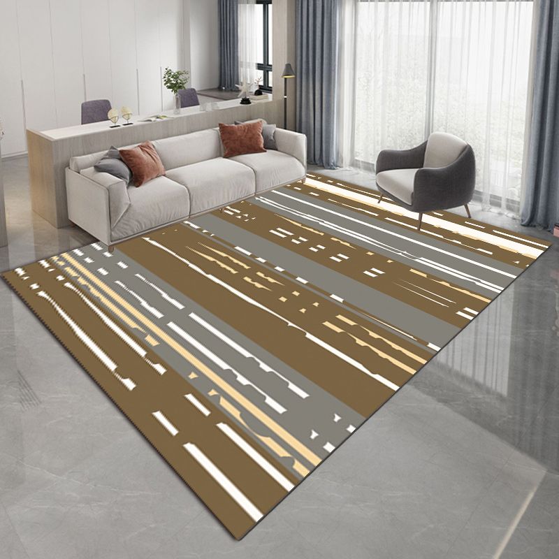 Nordic Modern Rug in Brown Abstract Stripes Pattern Rug Polyester Pet Friendly Carpet for Home Decoration