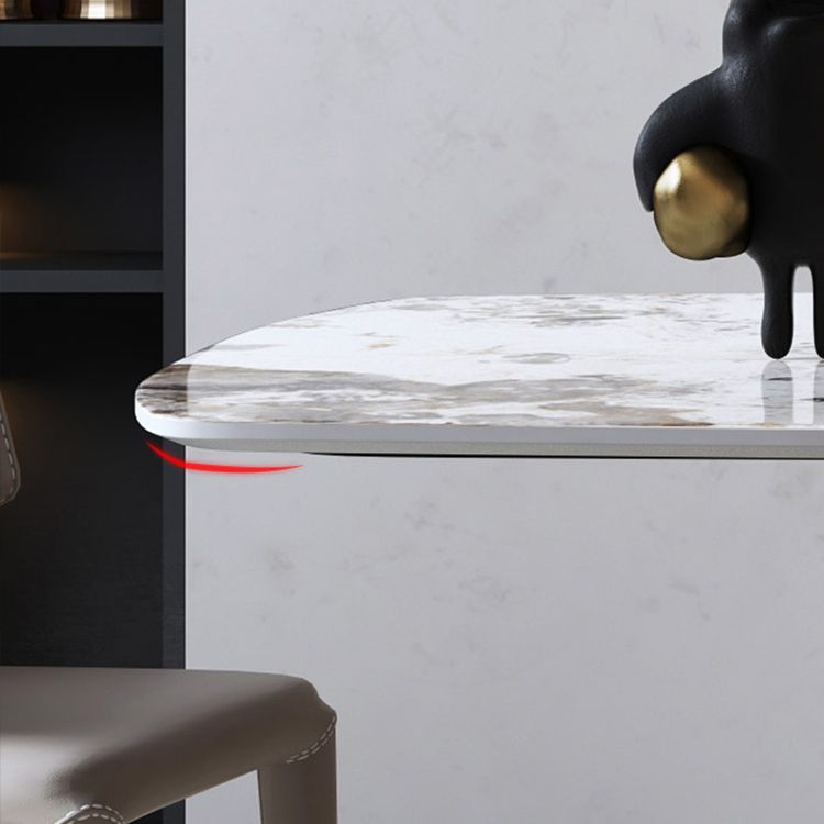 Mesa de comedor rectangular de lujo tradicional de metal, mesa superior de piedra sinterizada con base de pedestal