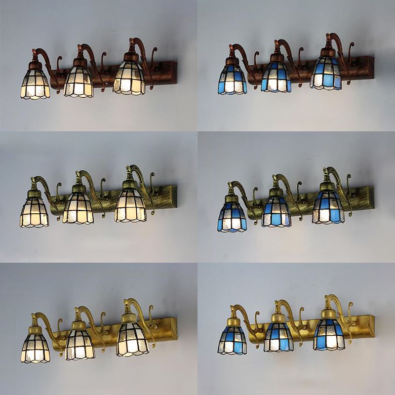 Stained Glass Dome Wall Lighting with Square/Blue Square Pattern and Linear Backplate Vintage Retro 3 Lights Sconce Lighting in Copper/Antique Brass/Brass
