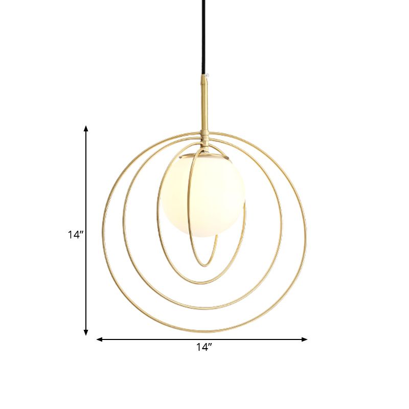 Moveable Wire Cage Pendulum Light Simple Novelty Metal 1 Bulb Gold Hanging Pendant with Ball Opal Glass Shade