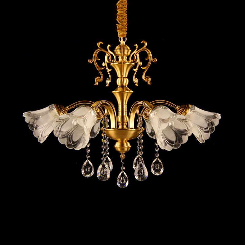 Brass Flower Pendant Chandelier Retro Clear Glass 6 Lights Living Room Hanging Lamp with Crystal Drape