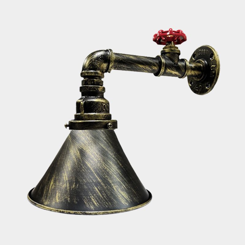 Iron Bronze Sconce Lighting Vintage Conical 1-Head Industrial Wall Lamp Fixture with Red Valve Deco