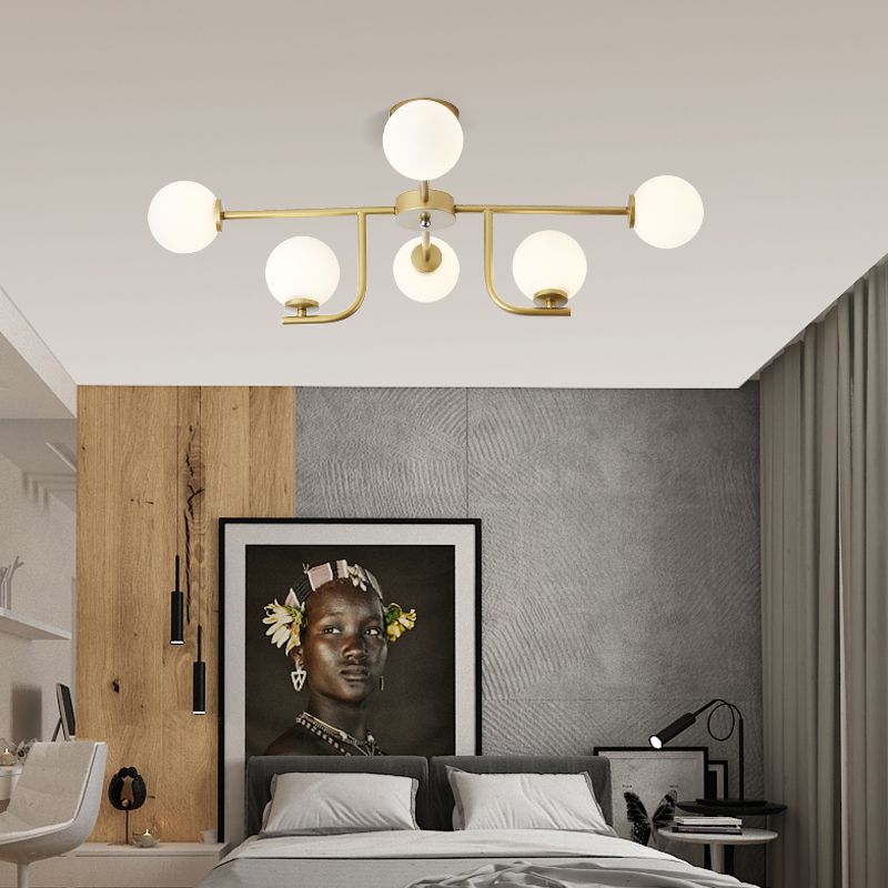Semi-plafondlamp met meerdere staven met glazen bol, modern metaal, 6/10 koppen goud, inbouwmontage voor woonkamer