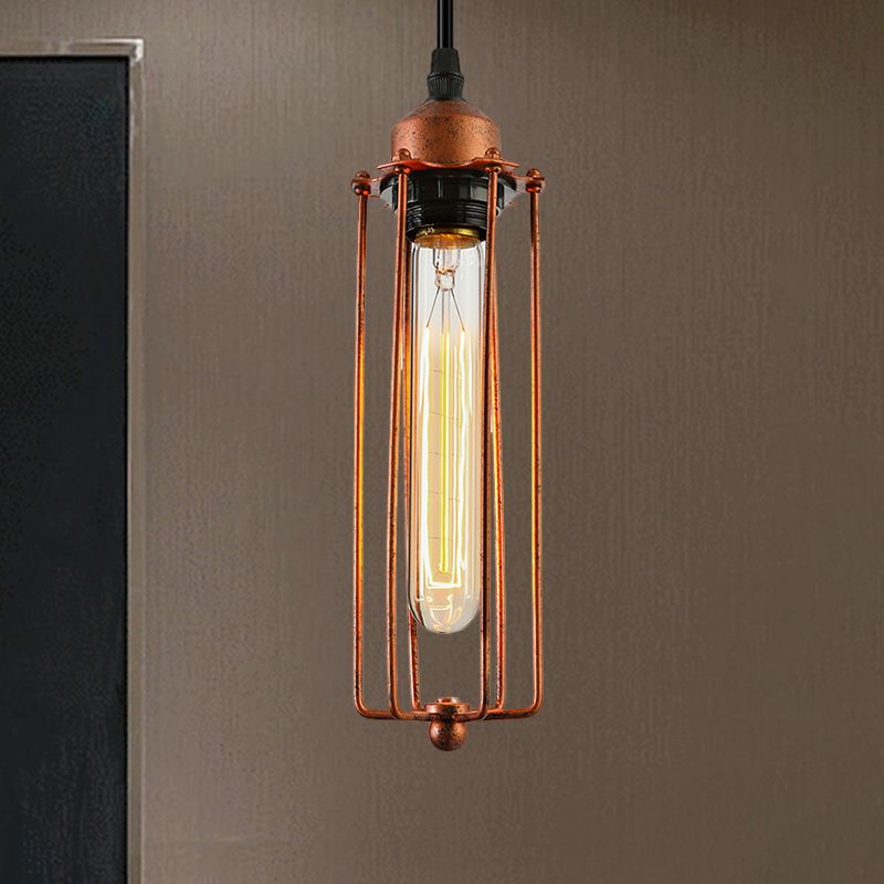 Dark Rust Tube Pendant Lighting Vintage Style Metallic 1 Bulb Kitchen Hanging Lamp with Wire Guard