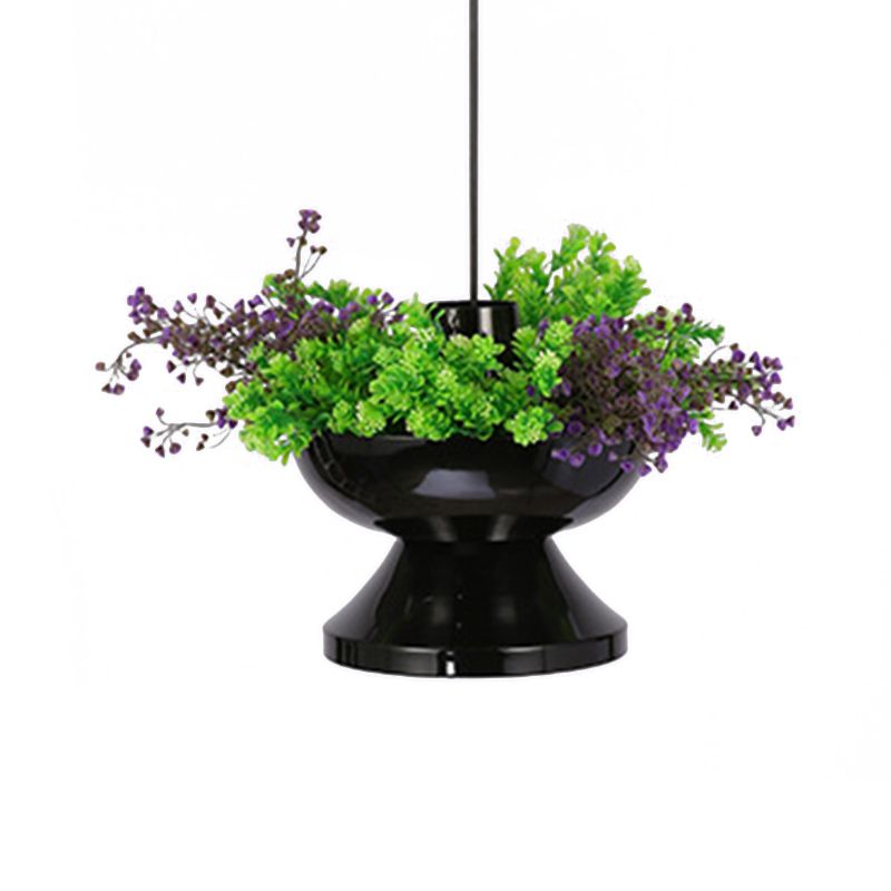 Metal Hot Pot Drop Pendant Farmhouse 1 Head Dining Room LED Hanging Ceiling Light in Black with Artificial Plant Deco