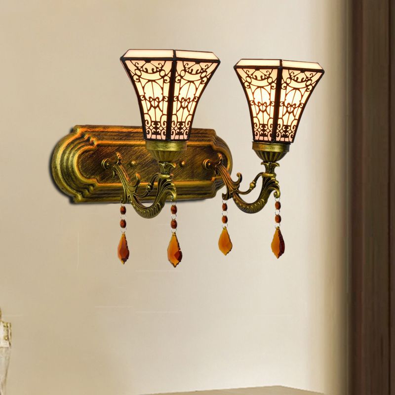 Brass 2 Bulbs Wall Mounted Lamp Mission Stained Glass 4-Sided Pyramid/Flared Wall Sconce Lighting