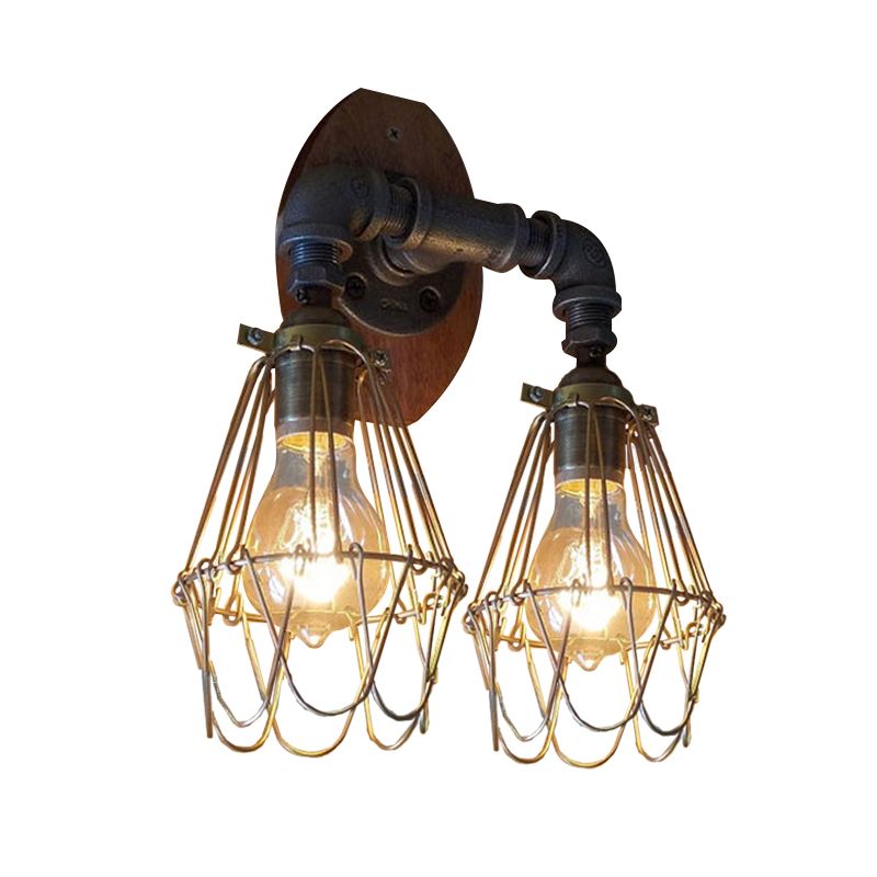 Lagerhaus U -förmige Wandlampe mit Drahtschutz und Rohr 2 Lichter Metallic Leuchten in Messing