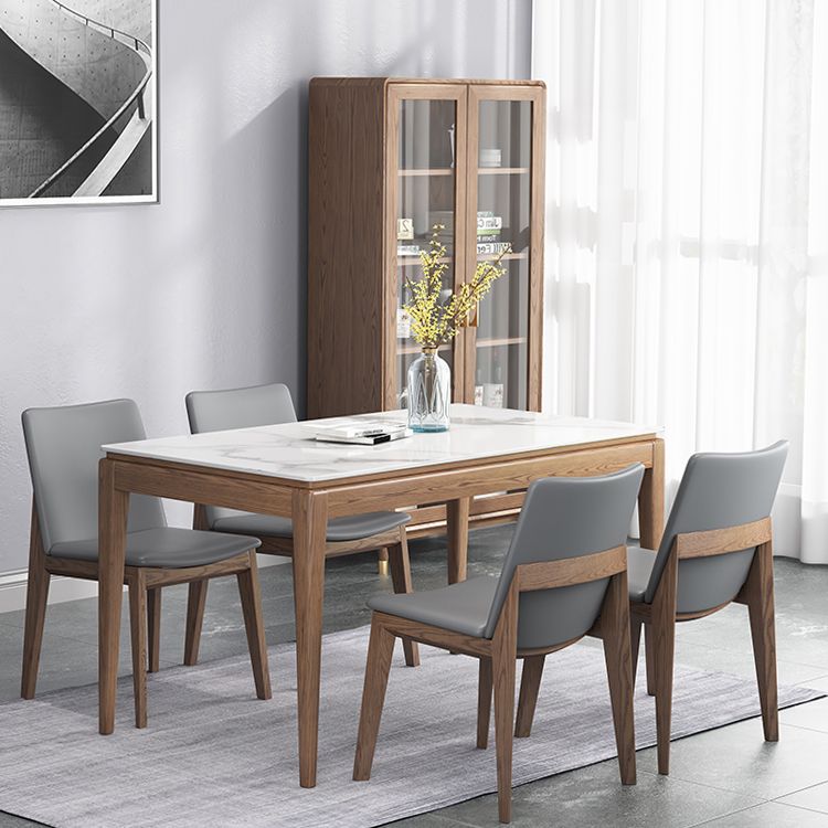 Mesa de comedor rectangular moderna de mediados de siglo, mesa de piedra sinterizada con base de madera de 4 patas