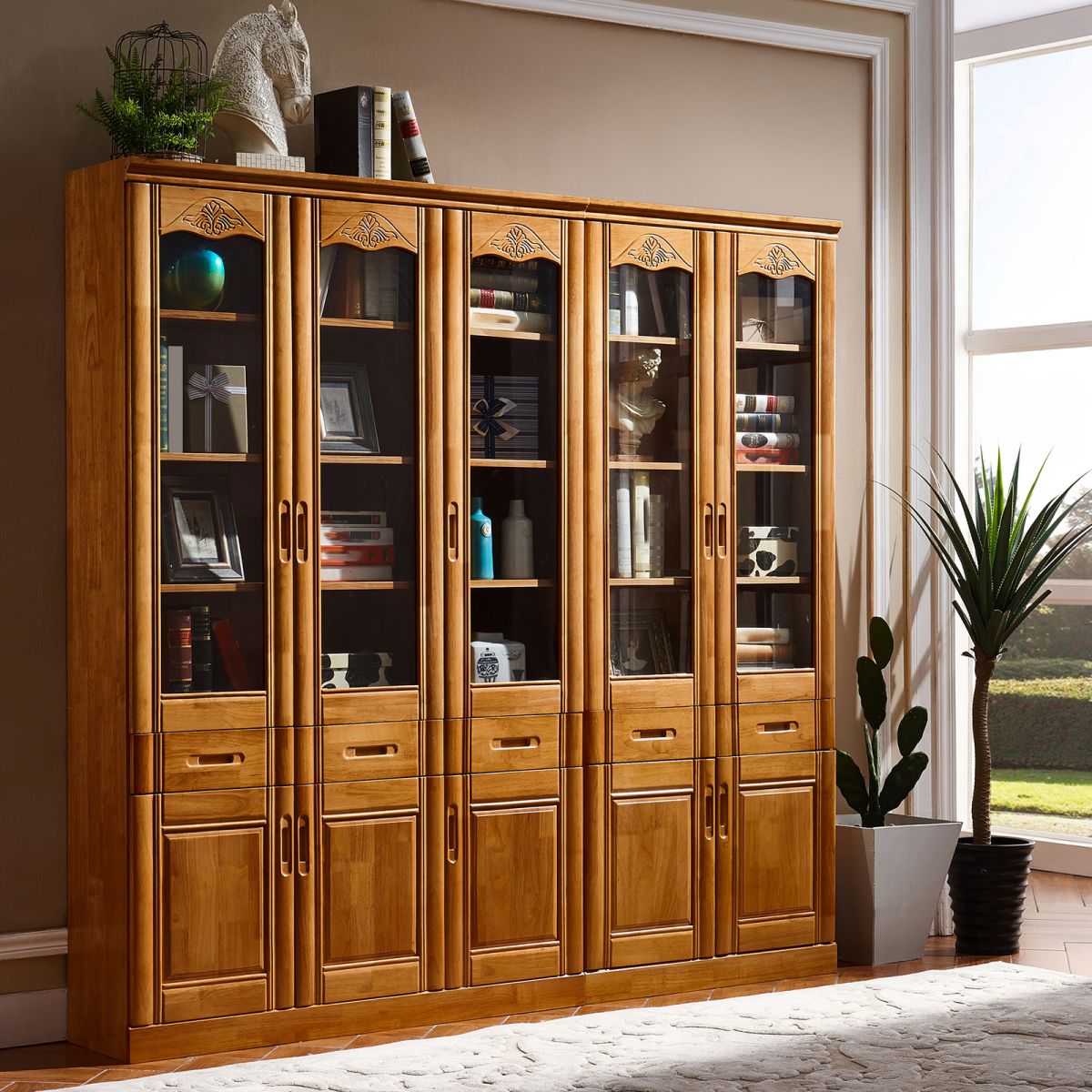79"H Modern Style Bookcase Solid Wood Closed Back Bookshelf with Door for Home Office