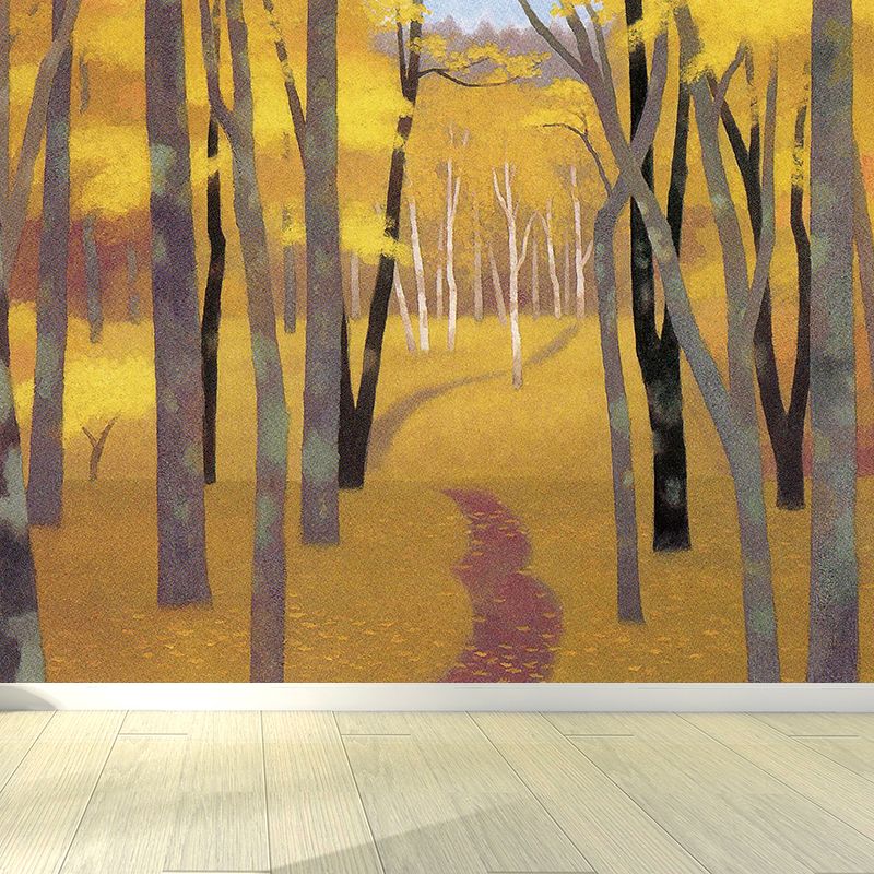 Modern Autumn Wood Mural Wallpaper Non-Woven Texture Waterproofing Yellow Wall Art for Bedroom