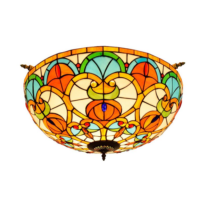 21.5"/25.5" W Brass Jewel Ceiling Lamp Baroque 5 Bulbs Multicolored Stained Glass Semi Flush Mount Lighting