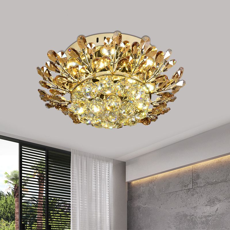 Cognac and Clear Crystal Gold Ceiling Lamp Branch LED Contemporary Flush Mount Lighting Fixture in Gold for Living Room