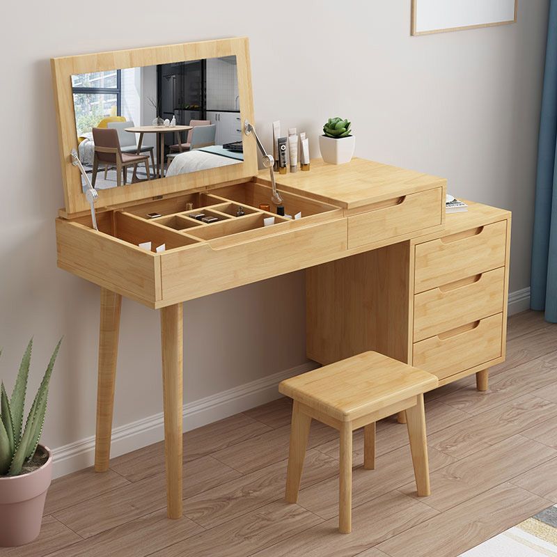 Scandinavian Wood Vanity Set Flip-Top Makeup Dressing Table with 4 Drawers