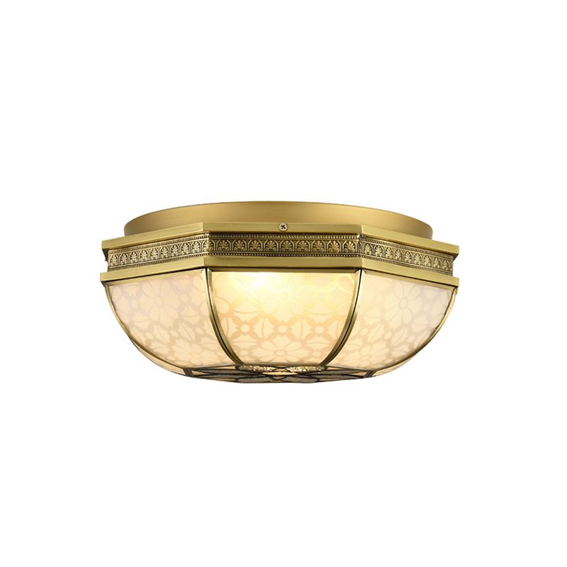 Frosted Glass Gold Flush Mount Bowl Shade 4-Light Colonialism Metal Ceiling Mounted Fixture with Flower Pattern
