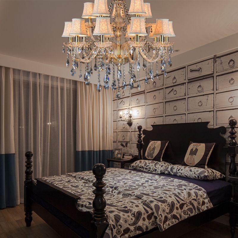 Armed Clear K9 Crystal Pendant Chandelier Rustic 6/8/10 Heads Beige Hanging Ceiling Light with Flared Fabric Shade