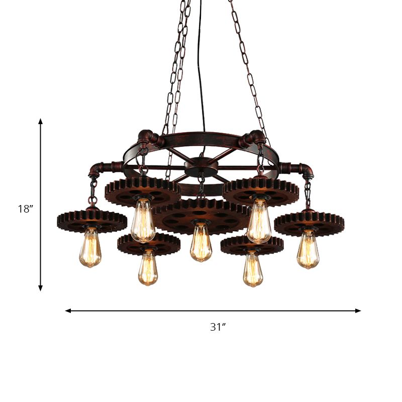Gear Design Whited Iron Chandelier Light Retro Style 7 Heads Living Room Pendant lampe à la rouille