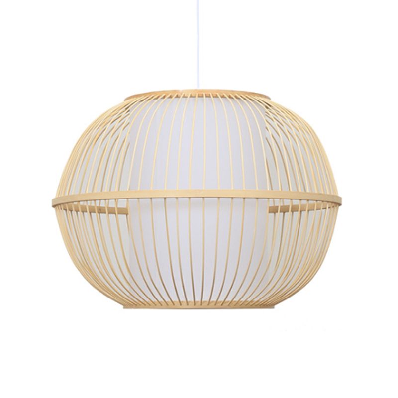 Bamboo Handmade Hanging Light Fixture Asian Style 12"/14" W 1-Light Beige Suspended Lamp with White Cylinder Inner Shade