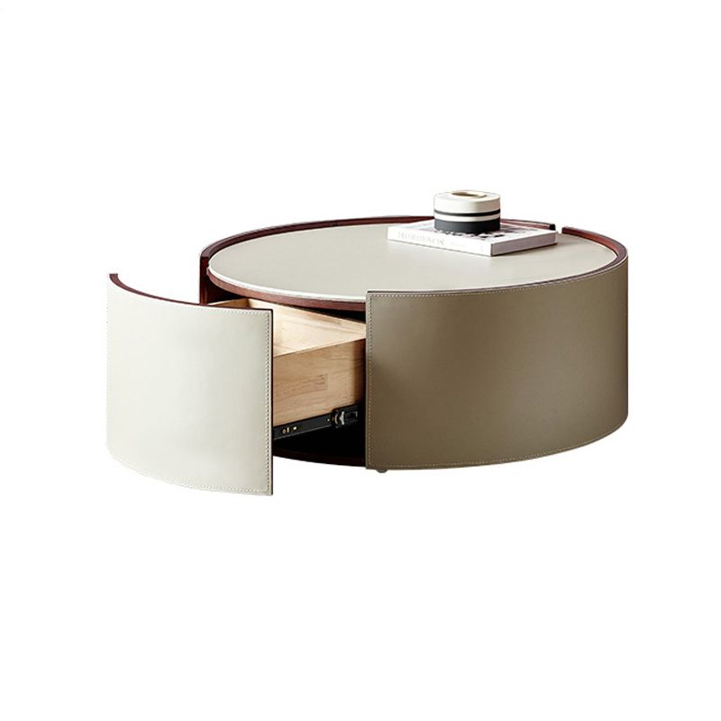 Modern Drum Base Solid Leather Round Table Coffee Table with Storage