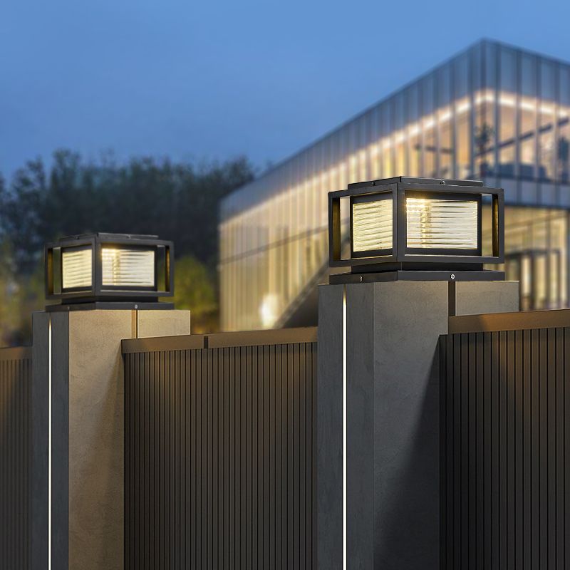 Metal Square Shape Outdoor Light Modern Style 1-Light Solar Pillar Lights in Black