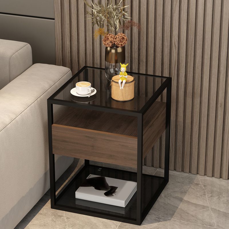 Square Glass/Stone Top End Table 21.26" Tall 1-Drawer Side Table with Storage Shelf