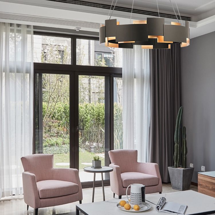 Living Room Chandelier Lighting Modern Black Hanging Ceiling Light with Circle Metal Shade