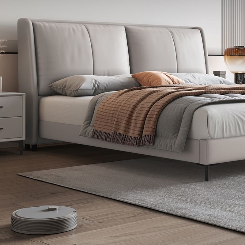 Modern Pine Wood Panel Bed Genuine Leather Bed Frame with Upholstered Headboard