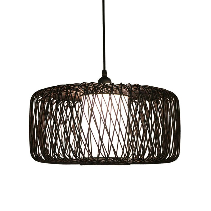 Drum Bamboo Hanging Lamp Asian 1 Bulb Beige/Black Pendant Lighting Fixture for Dining Room
