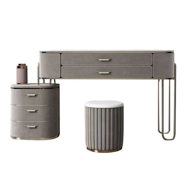 Gray Faux Leather Vanity 5 Drawers Vanity Set with Padded Stool