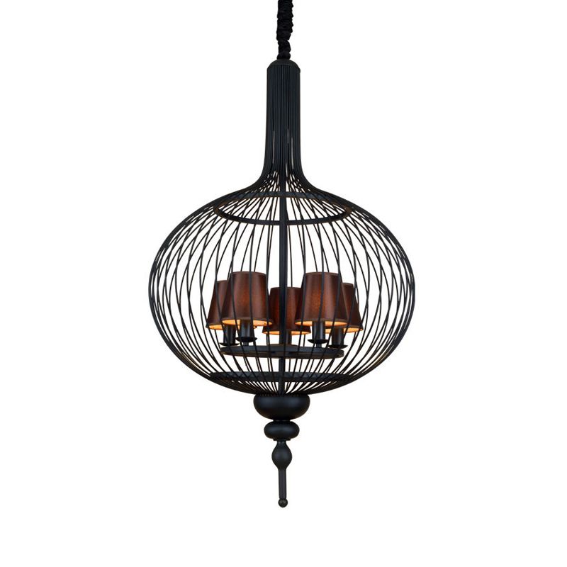 Lantern Iron Chandelier Pendant 23.5"/27.5" W Traditional 5 Head Black Ceiling Lamp with Brown Fabric Tapered Lampshade