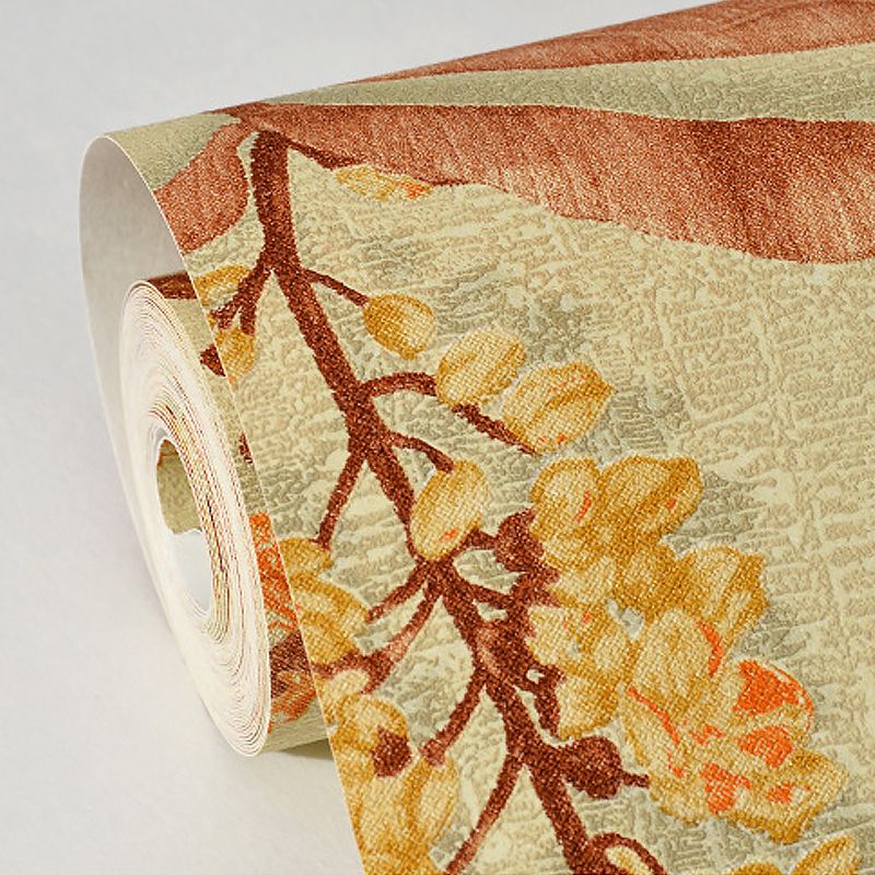 Smooth Non-Woven Wallpaper Rust Unpasted Wall Art with Banana Leaves Pattern for Accent Wall
