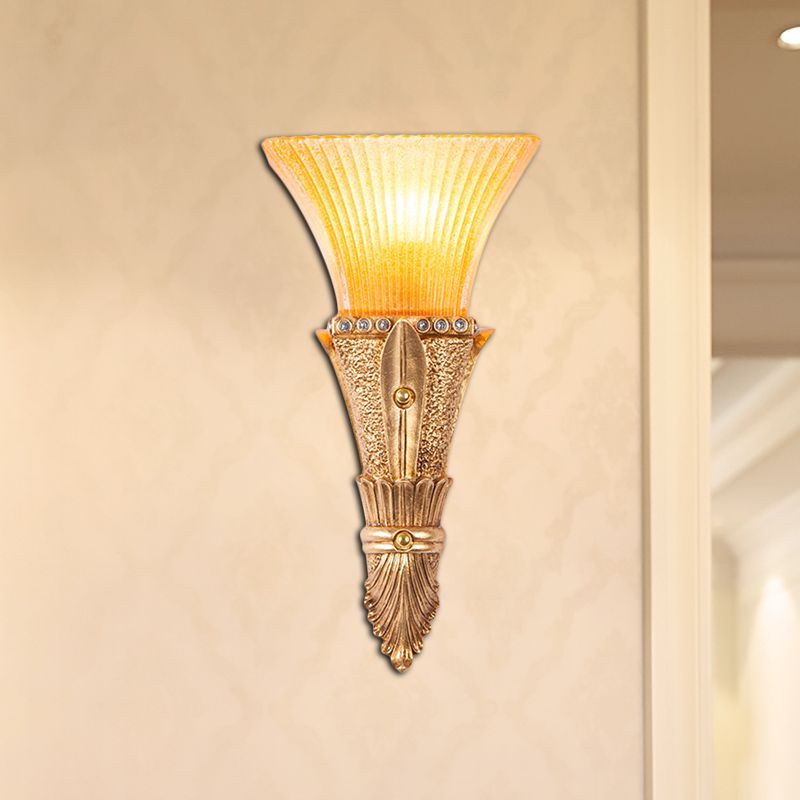 Traditional Flared Wall Mount Light 1 Light Orange Glass and Resin Wall Sconce in Gold for Corridor